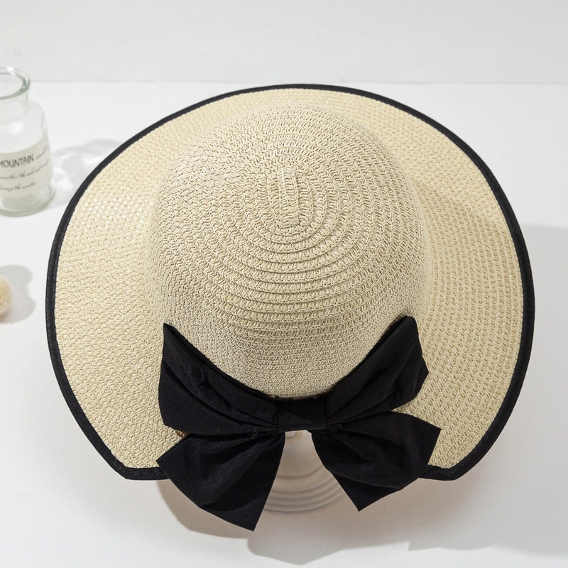 Women's Casual Vacation Beach Color Block Bowknot Big Eaves Straw Hat