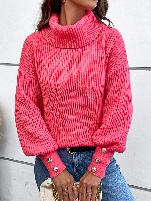 Long Sleeves Loose Buttoned Solid Color Split-Joint High Neck Pullovers Sweater Tops
