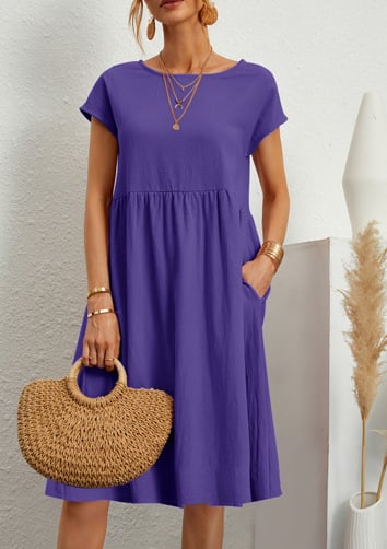 Solid Color Short Sleeve Loose Cotton Linen Pocket Midi Dress