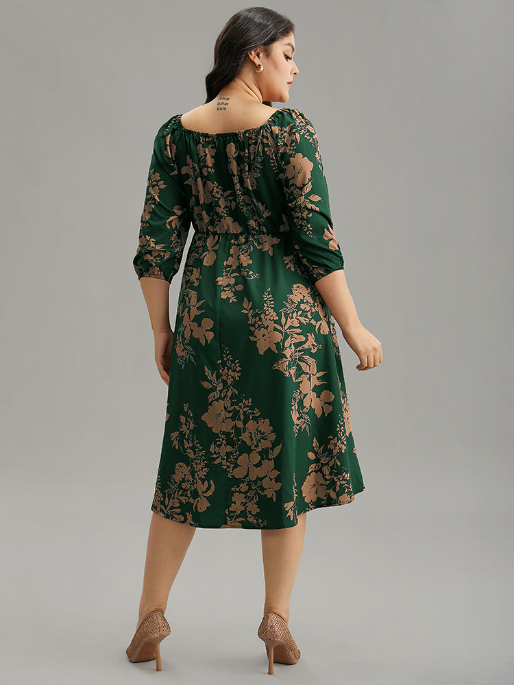 Silhouette Floral Print Elastic Cuffs Dress