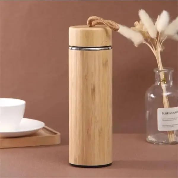 Portable Rope Lid Bamboo Stainless Steel Vacuum Insulated Water Bottle With Strainer 500ml