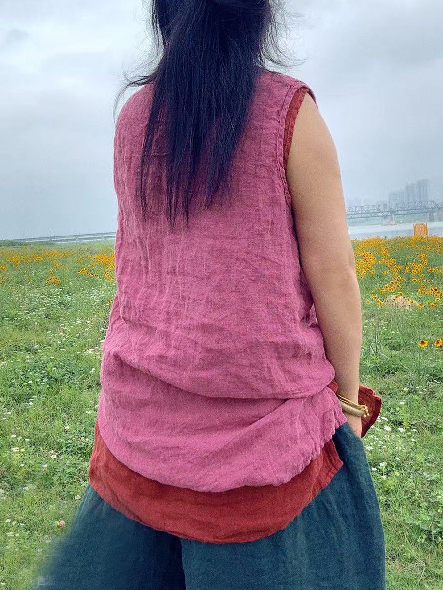 Women Summer Vintage Stitching Linen O-Neck Vest