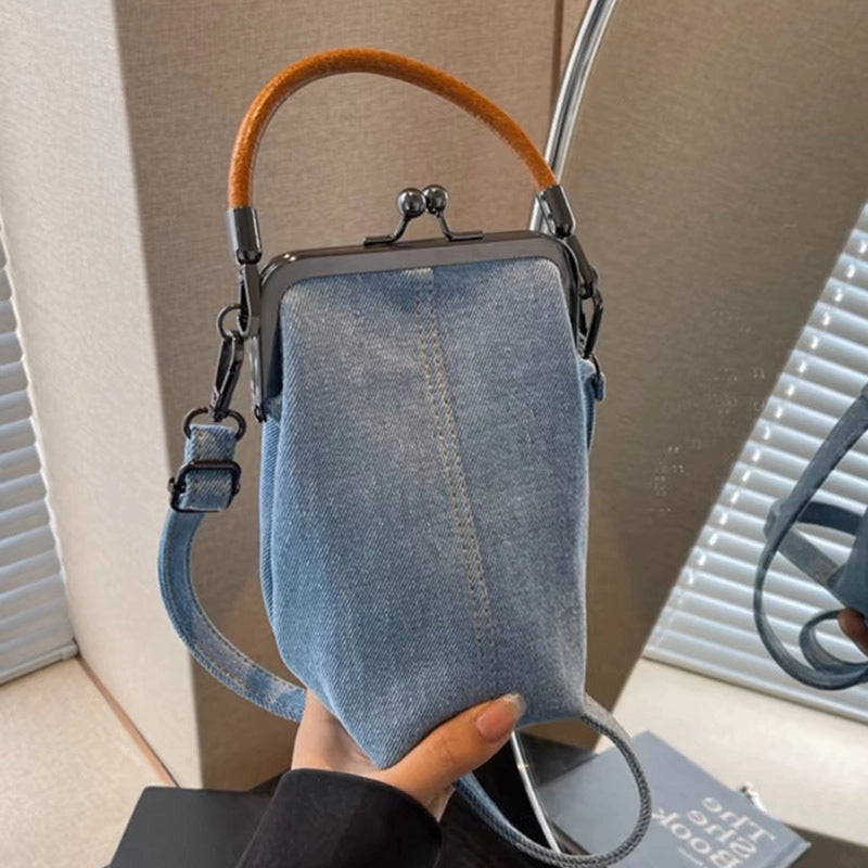 Women's Small Denim Solid Color Streetwear Sewing Thread Square Clasp Frame Phone Wallets