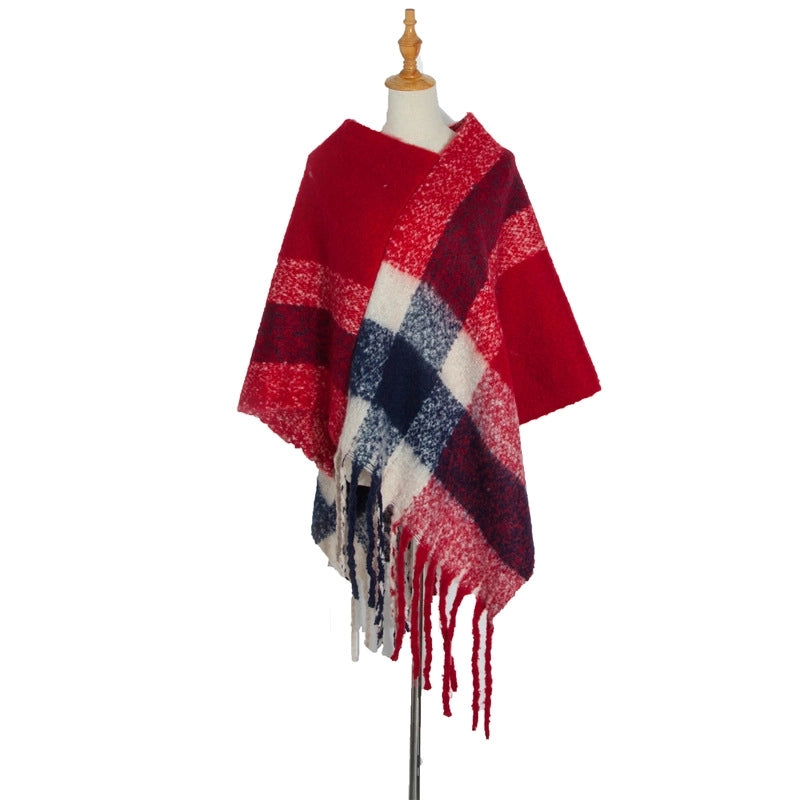 Hot Style New Autumn And Winter Women's Shawl Thick Tassel Loop Yarn Large Plaid Cloak