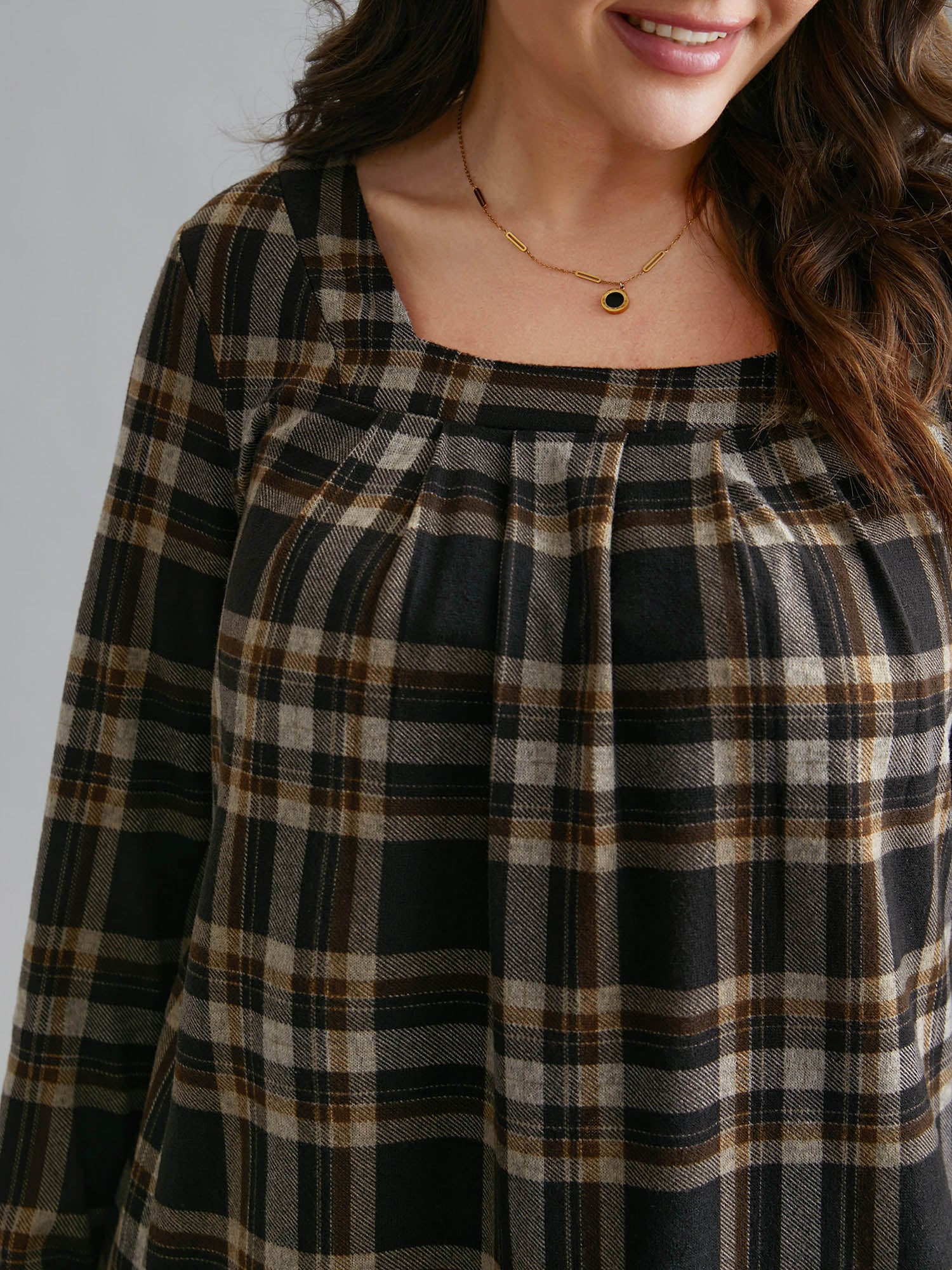 Plaid Pleated Square Neckline Knit Top