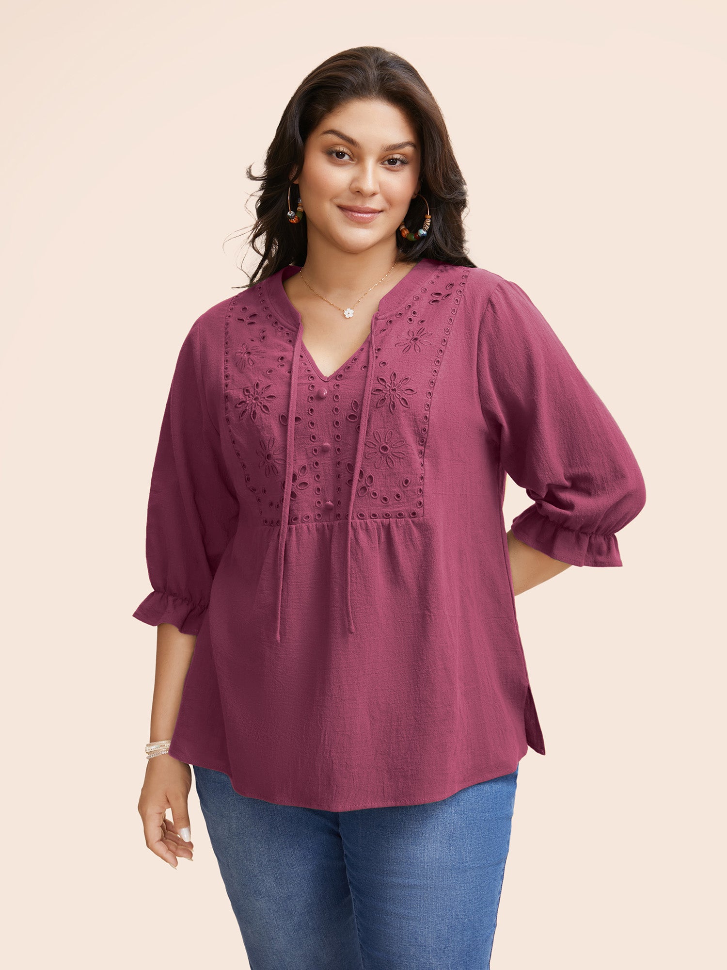 Broderie Anglaise Tie Knot Lantern Sleeve Blouse