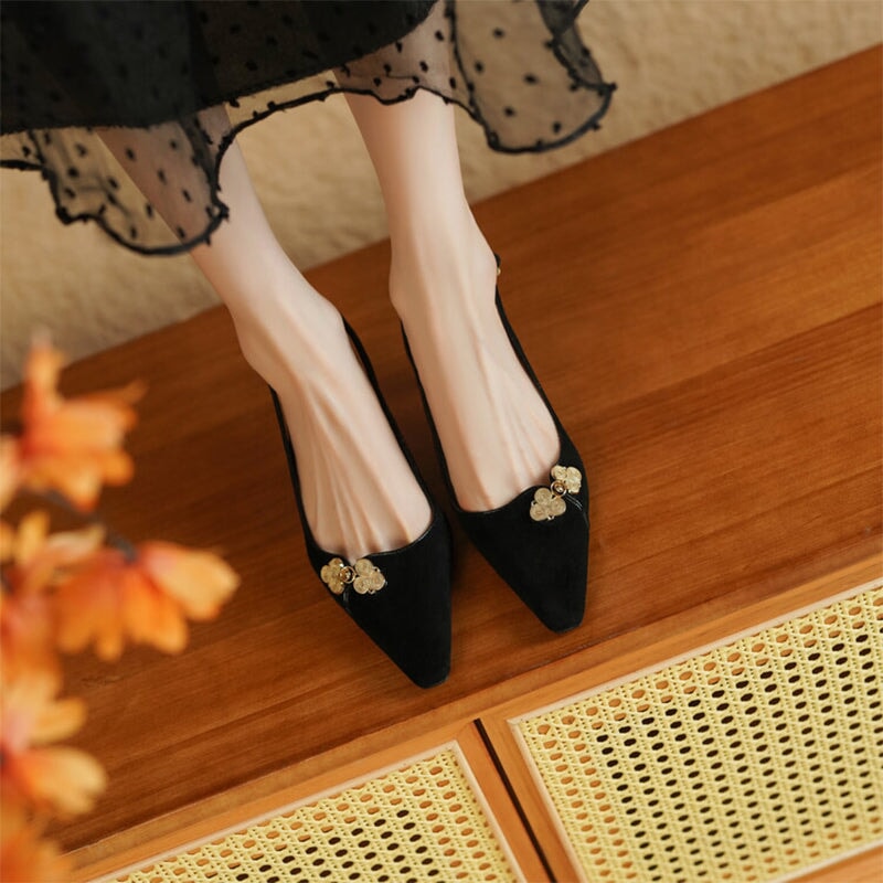 Point Toe Genuine Leather Slingback Kitty Heel Sandals in Black/Green