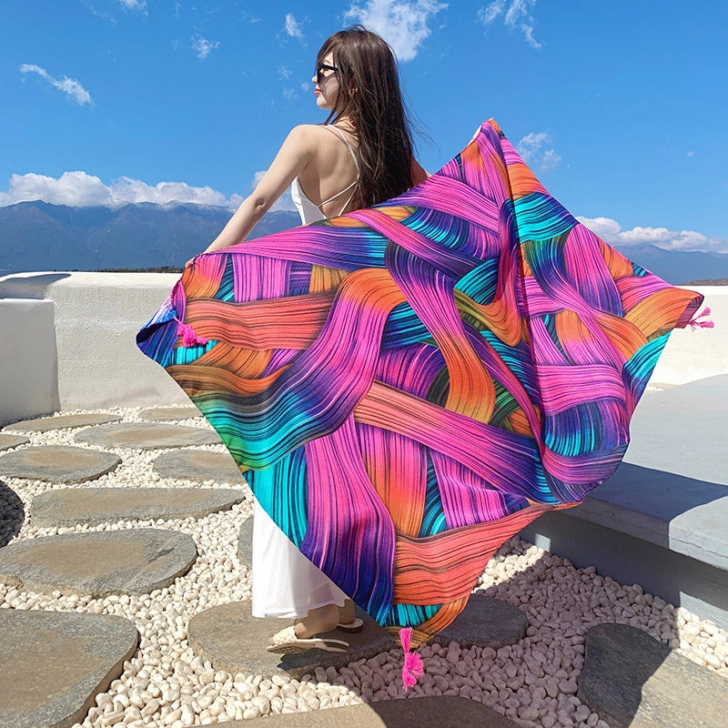 Silk Scarf Women's Summer Seaside Beach Sunscreen Shawl Scarf Dual-use  Long Ethnic Style Plus Size Travel Silk Scarf
