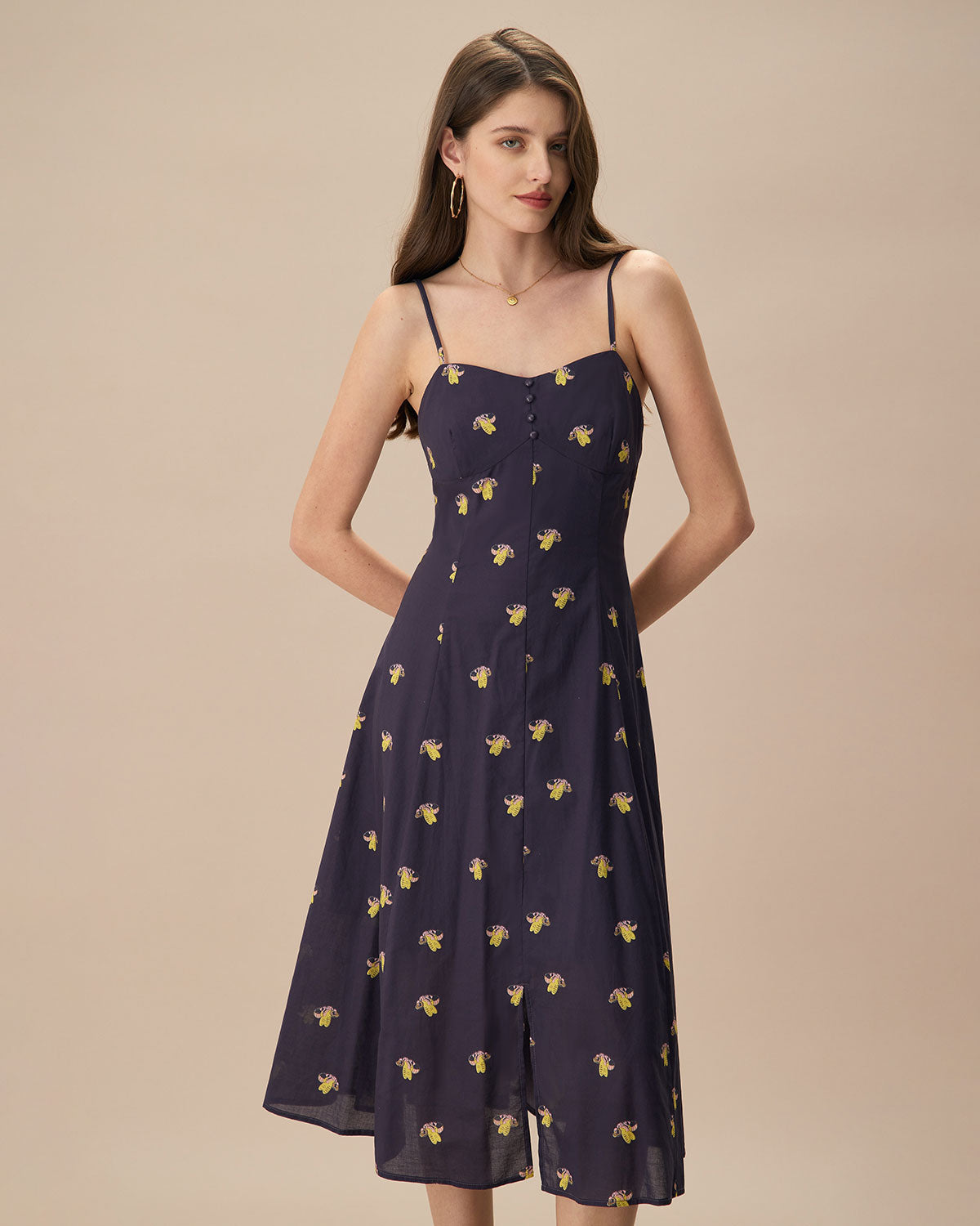 Women's Navy Cotton Slip Midi Dress