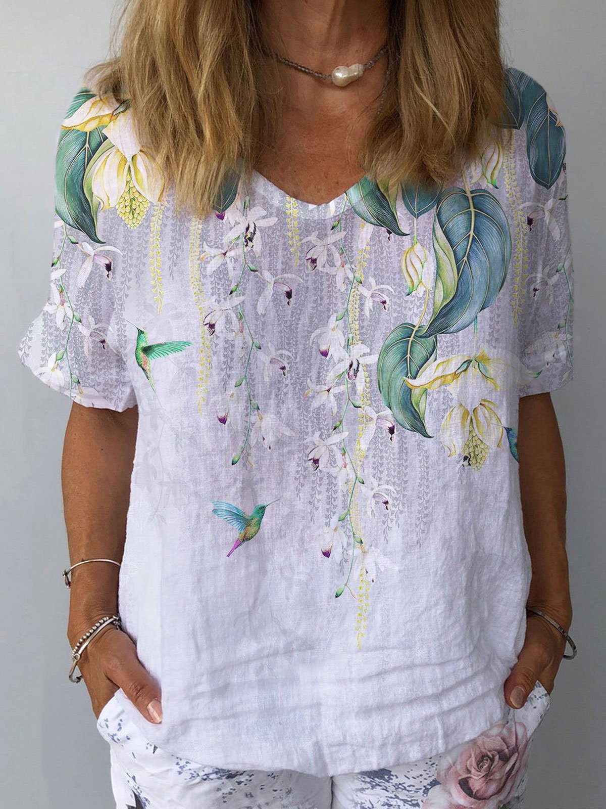 Women's Floral Print Cotton Linen T-Shirt