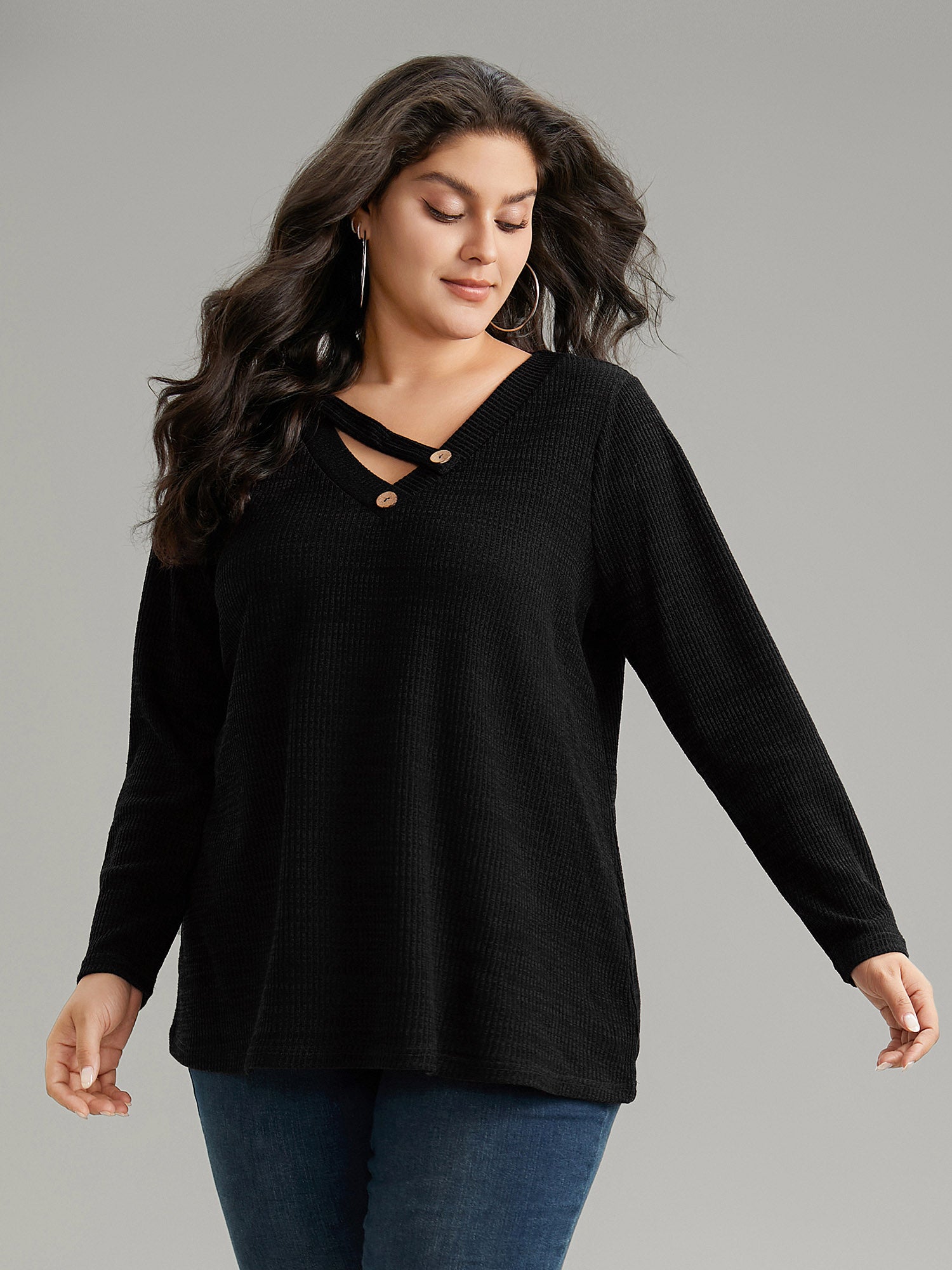 Solid Rib Knit Button Detail T-shirt