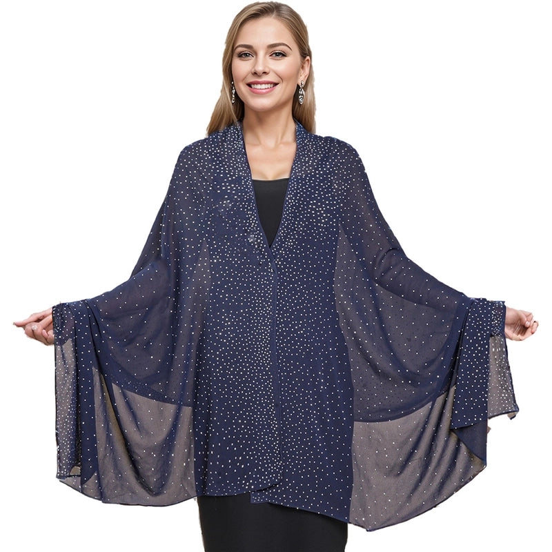 Hot New Pure Color Chiffon Starry Sky Hot Rhinestone Exquisite Elegant Dinner Style Extended Version High-end Women's Shawl