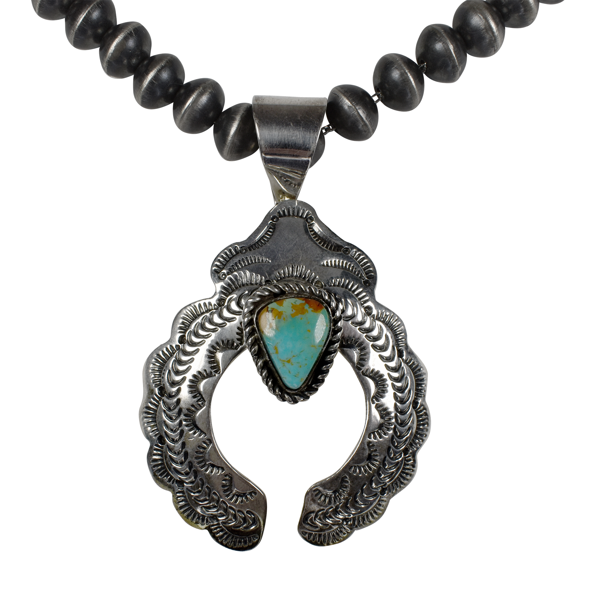 22 Pillow Bead Necklace with Hand-Stamped Royston Turquoise Pendant by Tillie Jon