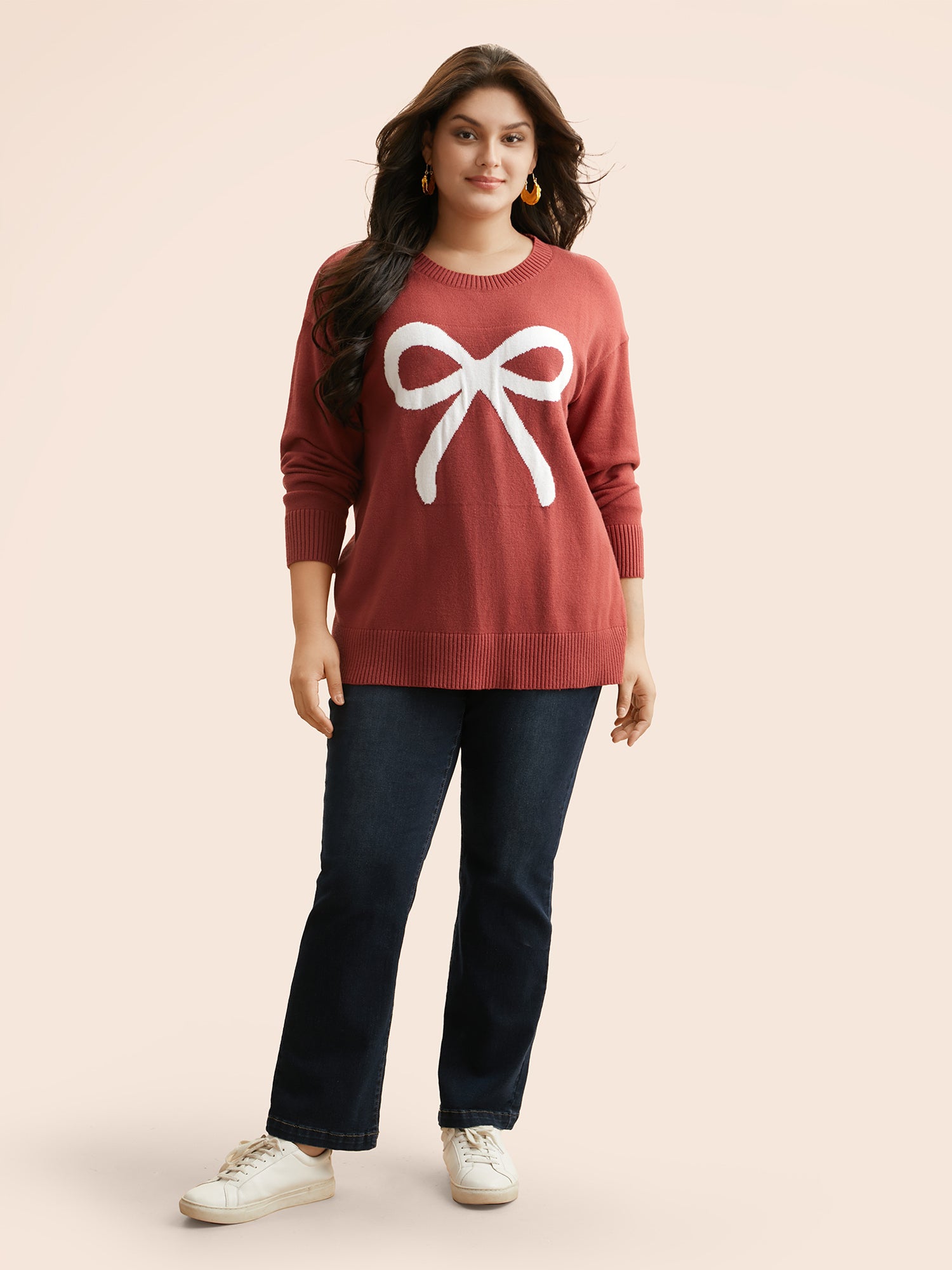 Bowknot Jacquard Drop Shoulder Pullover