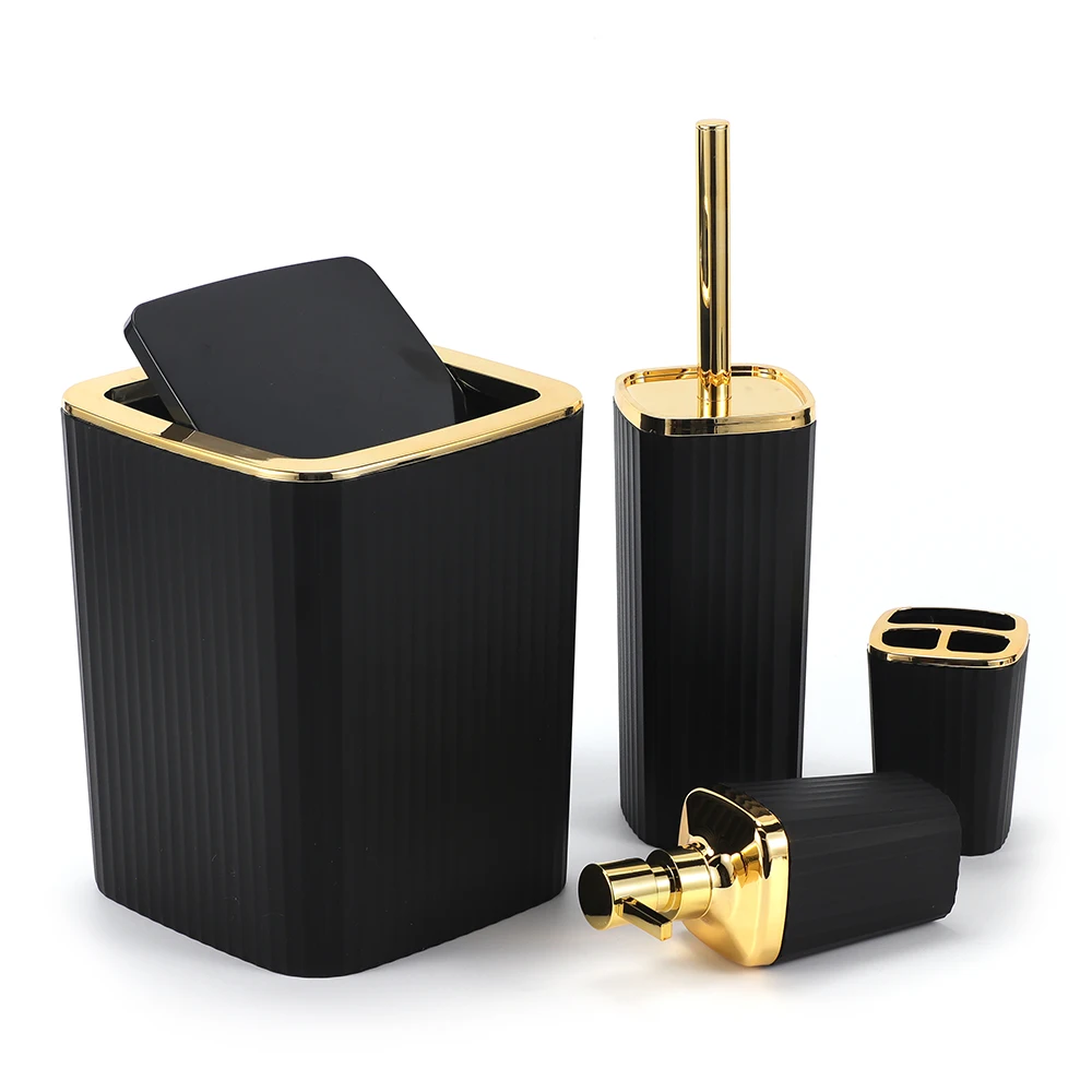 Luxury Europe Plastic Toilet Bathroom Set 6 Piece Modern Metal Sleek Matte Black Gold Bathroom Accessories for Home