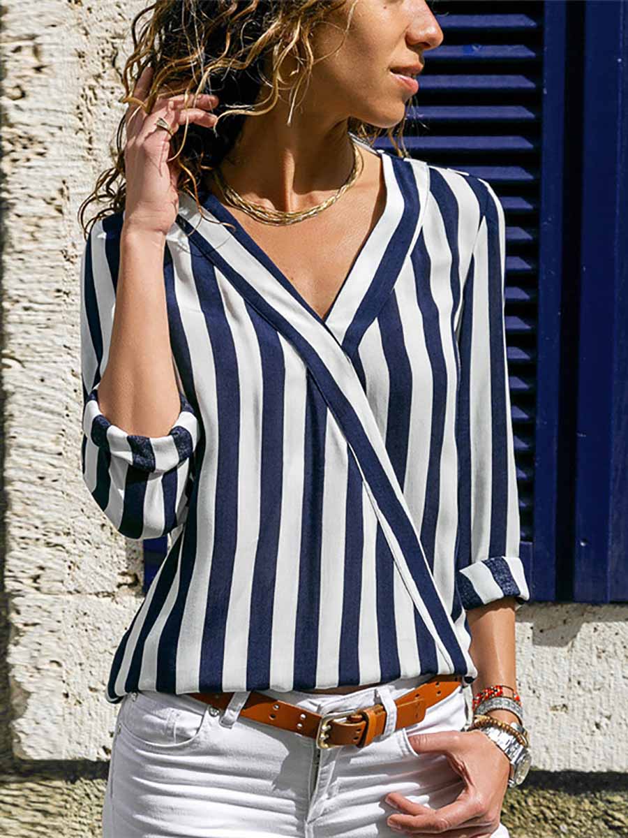 V-Neck Striped Long-Sleeved Shirt