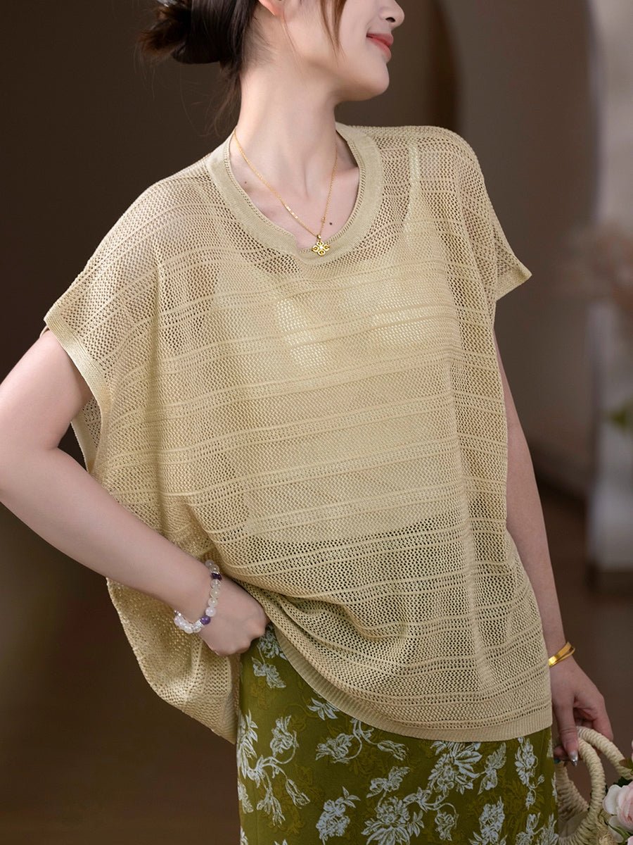Women Summer Casual Pure Color Knitted O-Neck Shirt