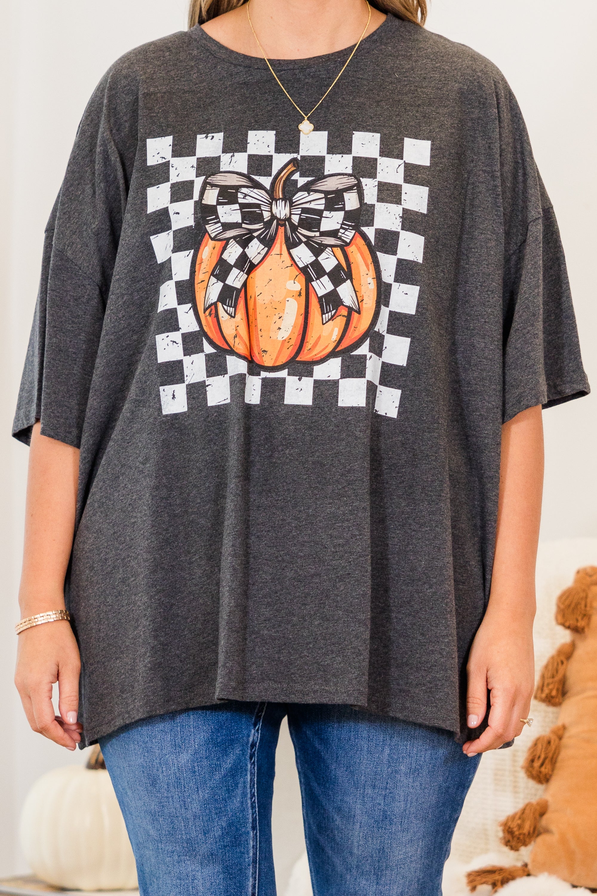 Checkered Pumpkin Boyfriend Tee. Charcoal