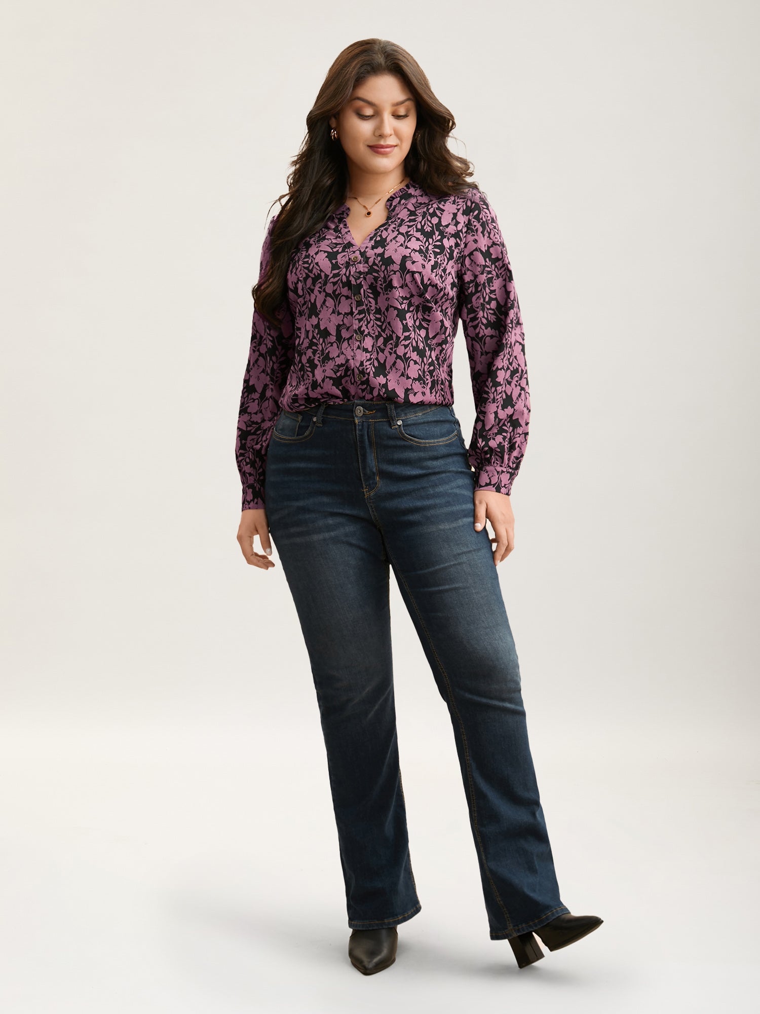 Silhouette Floral Print Notched Frill Trim Blouse