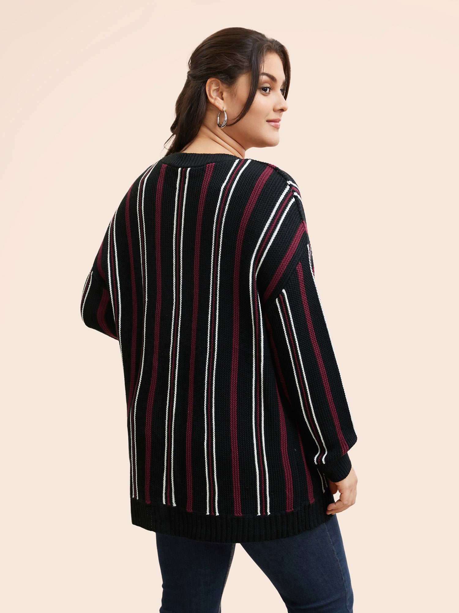 Striped Patched Pocket Drop Shoulder Cardigan