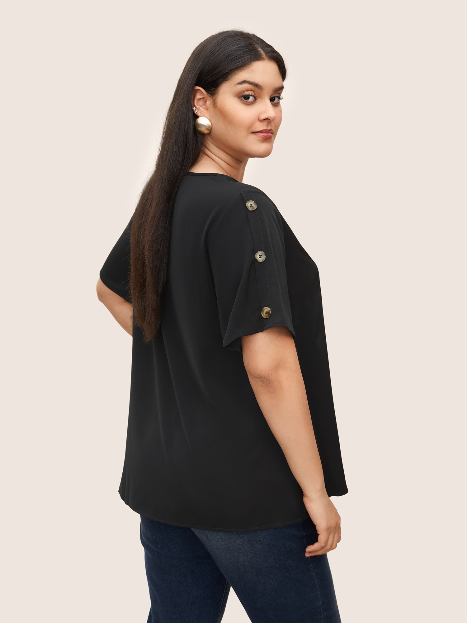 Plain Round Neck Button Detail Blouse