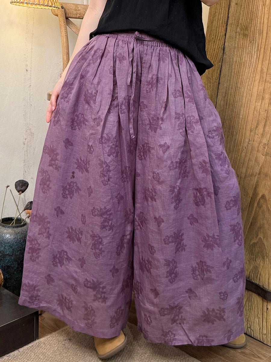 Women Summer Retro Print Ramie Wide-leg Pants