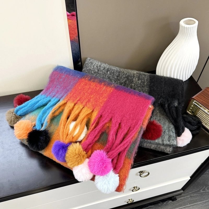 New Rainbow Stitching Dyed Plaid Scarf Women's Winter Atmosphere Long Style Thickened Tassel Scarf