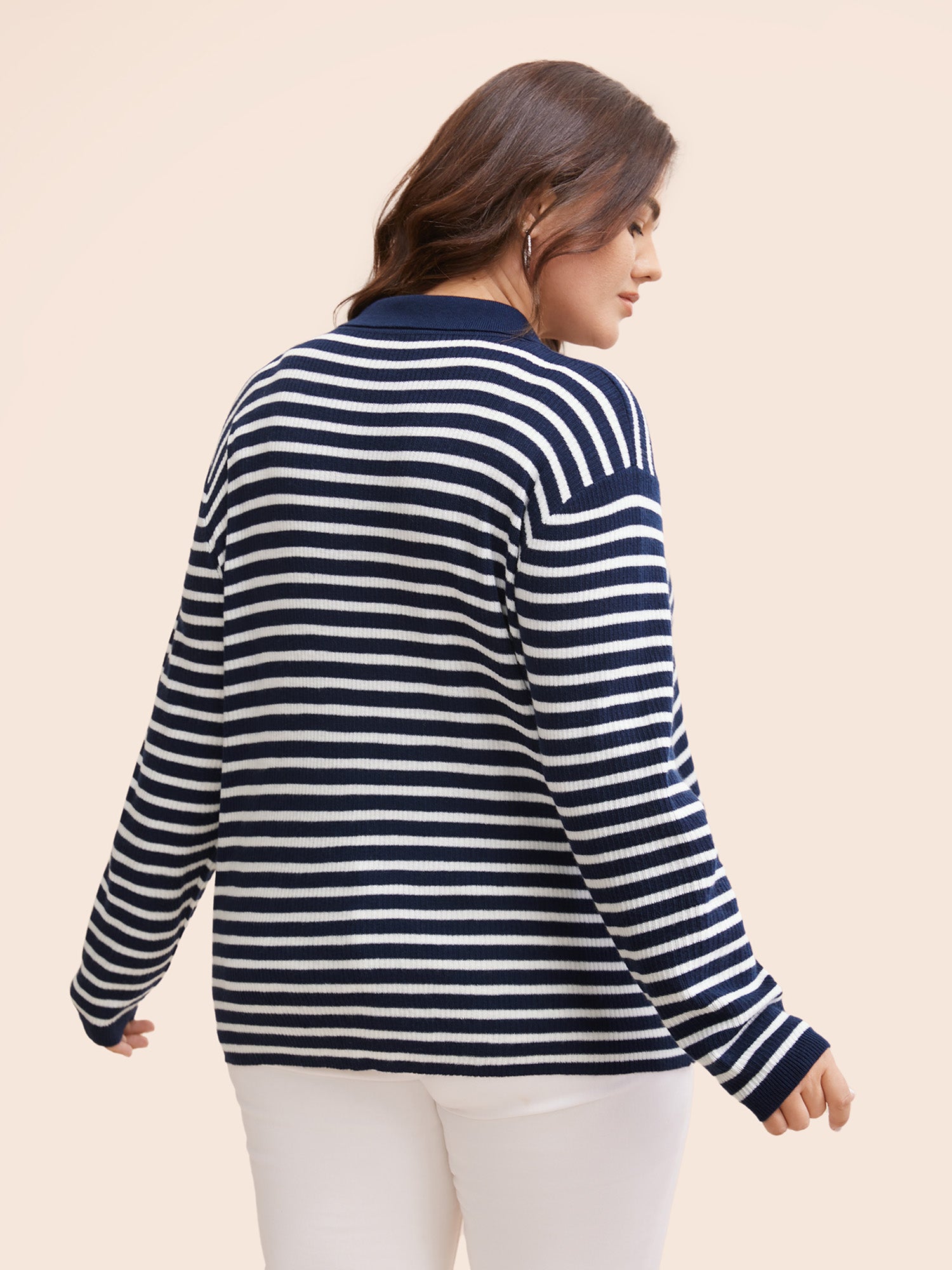 Polo Neck Striped Button Up Pullover