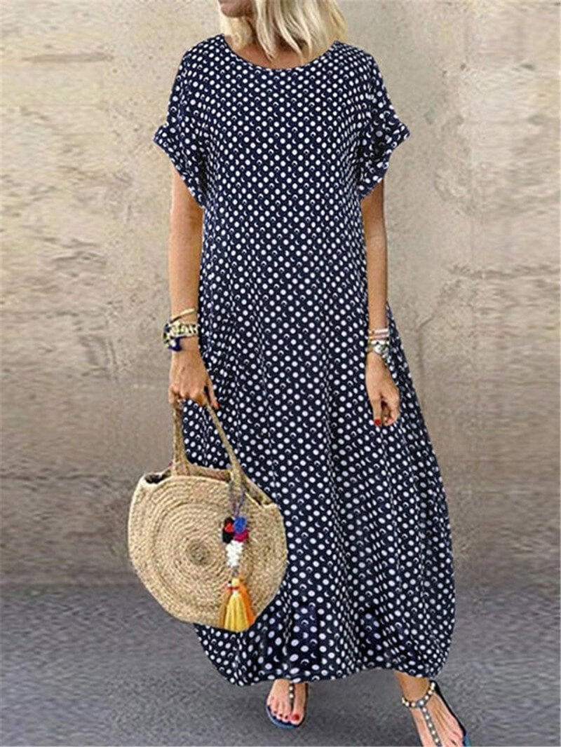 Ladies Dot Print Short Sleeve Loose Dress