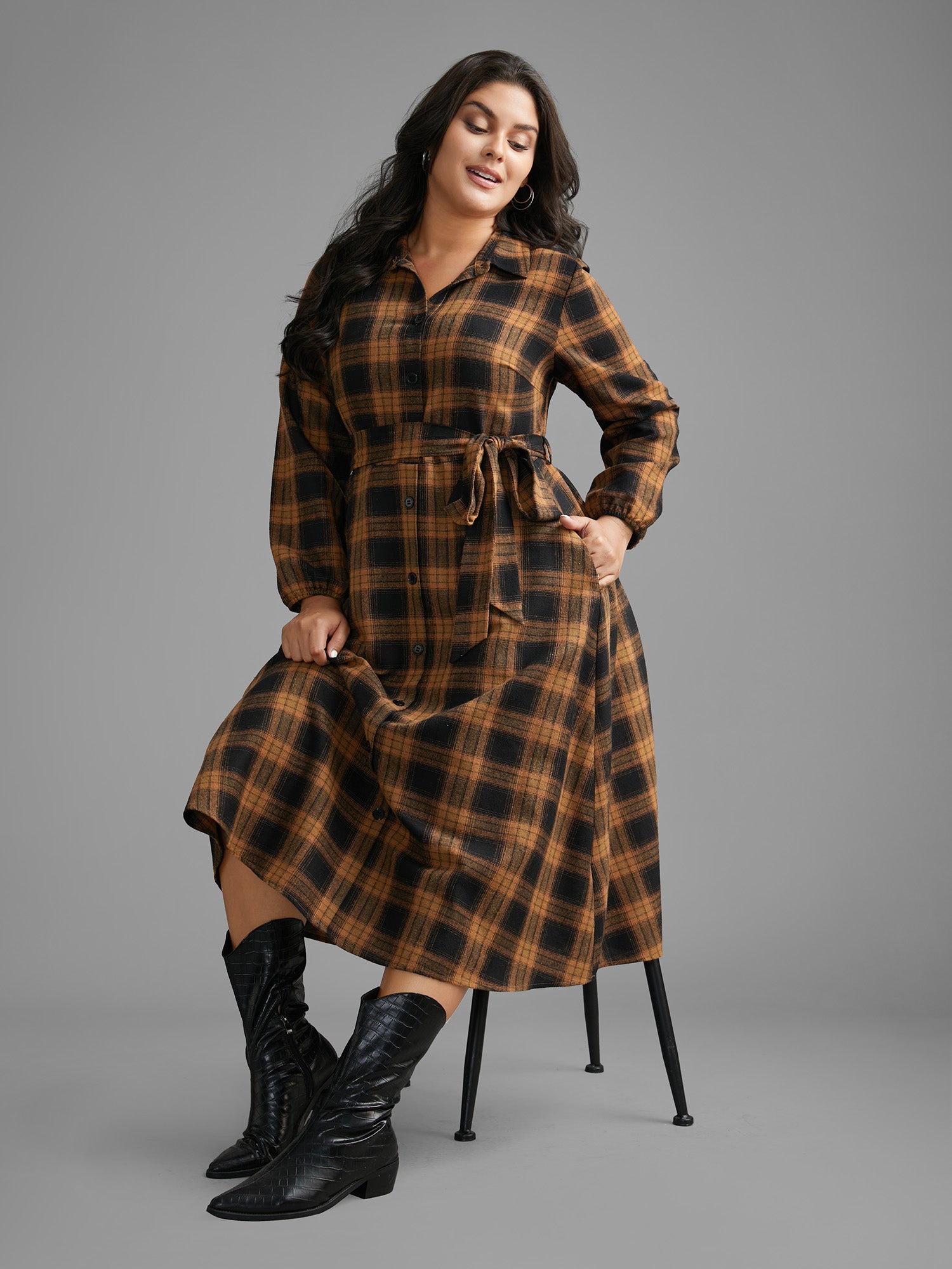 Shirt Collar Plaid Belted Midi Dress