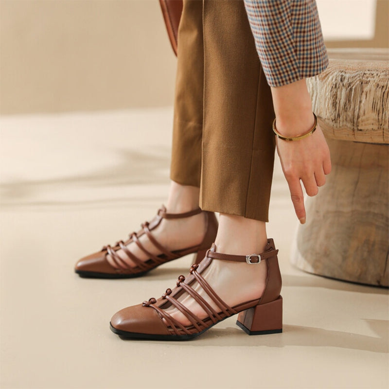 Casual Woven Strappy T-Strap Block Heel Cow Leather Sandals in Brown/Black/Beige
