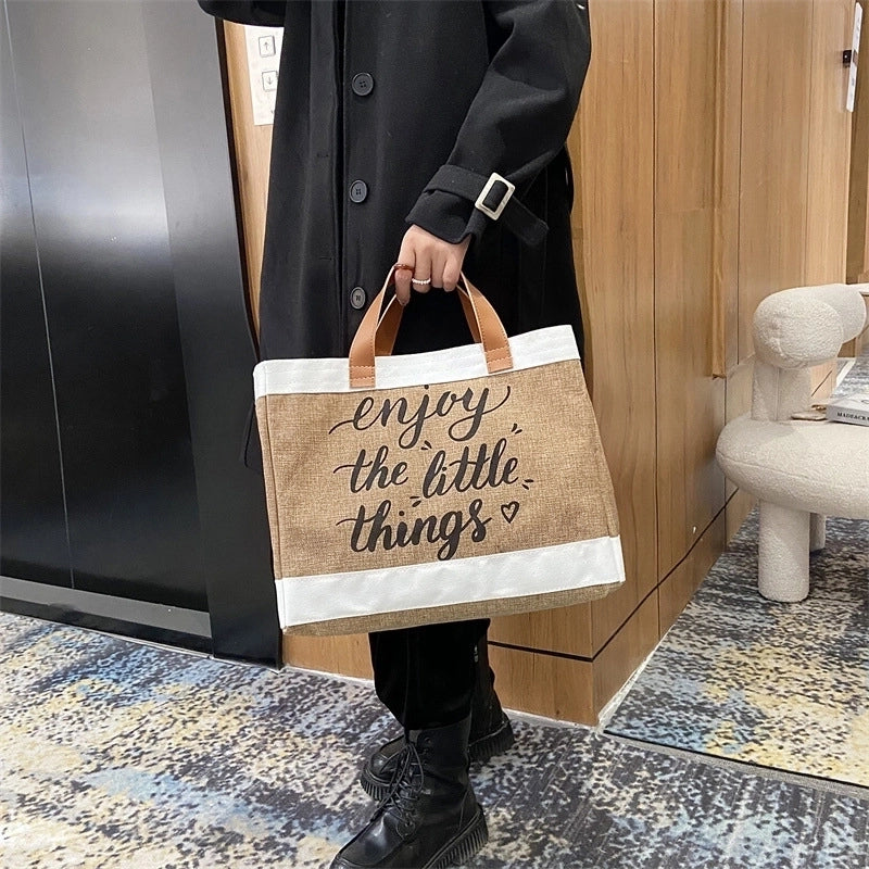 Women's Large Cotton And Linen Letter Basic Classic Style Square Open Tote Bag