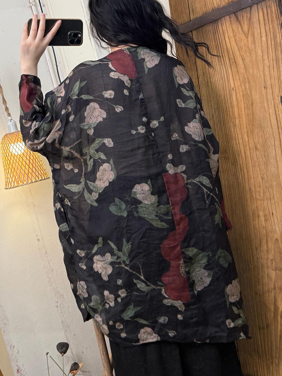 Women Summer Retro Flower Ramie O-Neck Long Shirt