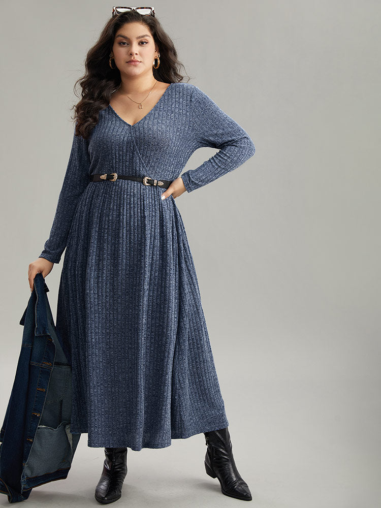 Solid Rib Knit Overlap Collar Pocket Dress