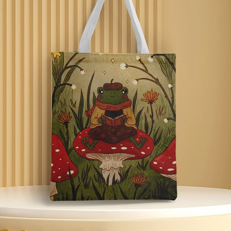 Women's Medium Canvas Frog Basic Classic Style Square Open Canvas Bag
