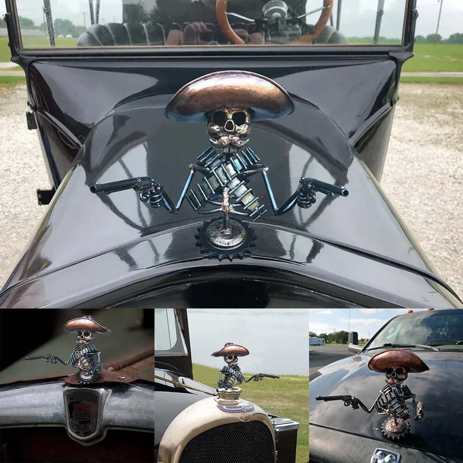 Cowboy Skull Gunslinger Hood Ornament Sculpture