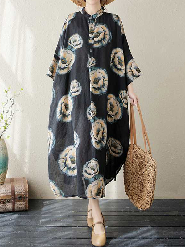 Loose Three-quarter Sleeves Buttoned Flower Print Stand Collar Midi Dresses