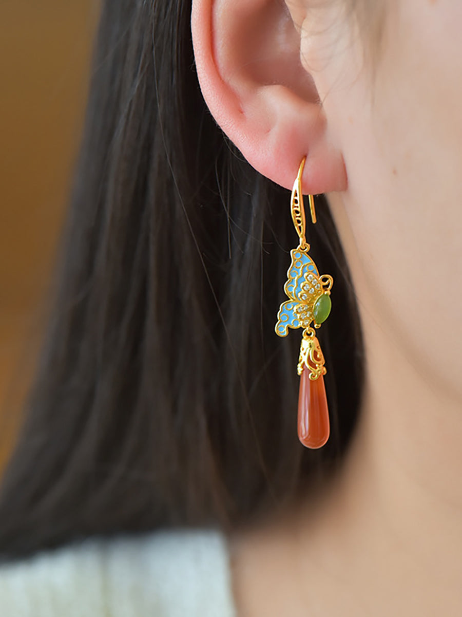 Women Ethnic Jade Enamel Butterfly S925Silver Earrings