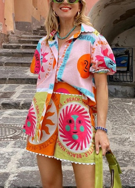 Fashion Rainbow Print Shirts And Shorts Two Piece Set Short Sleeve
