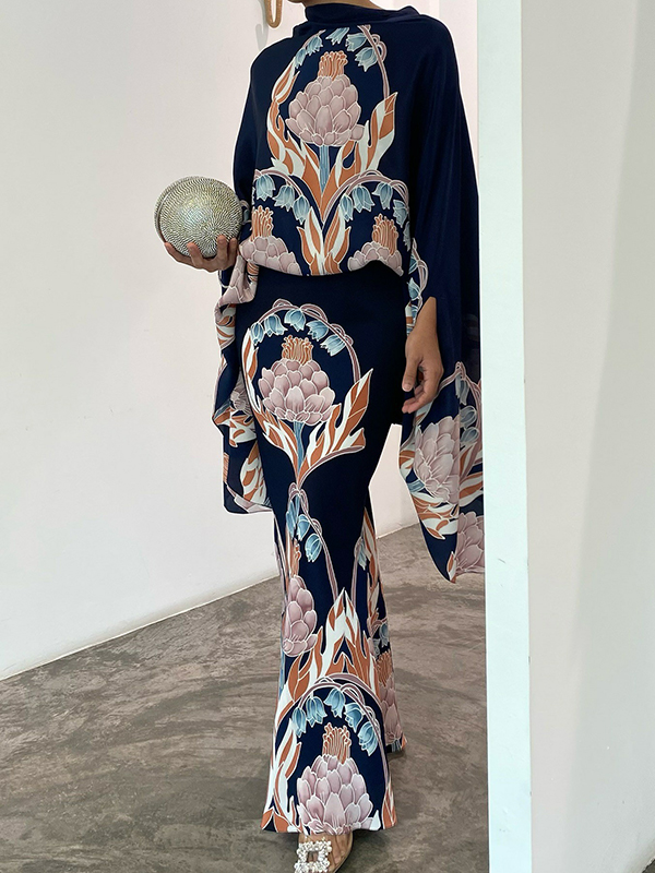 Batwing Sleeves Loose Flower Print Mock Neck Blouses&Shirts Tops