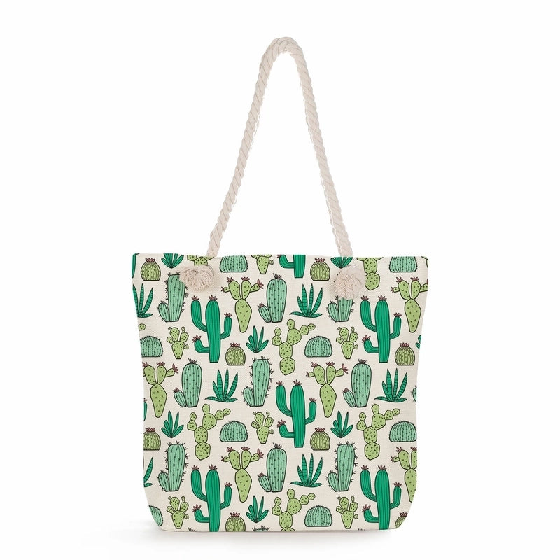 Women's Medium Linen Cactus Vacation Classic Style Square Zipper Tote Bag Beach Bag