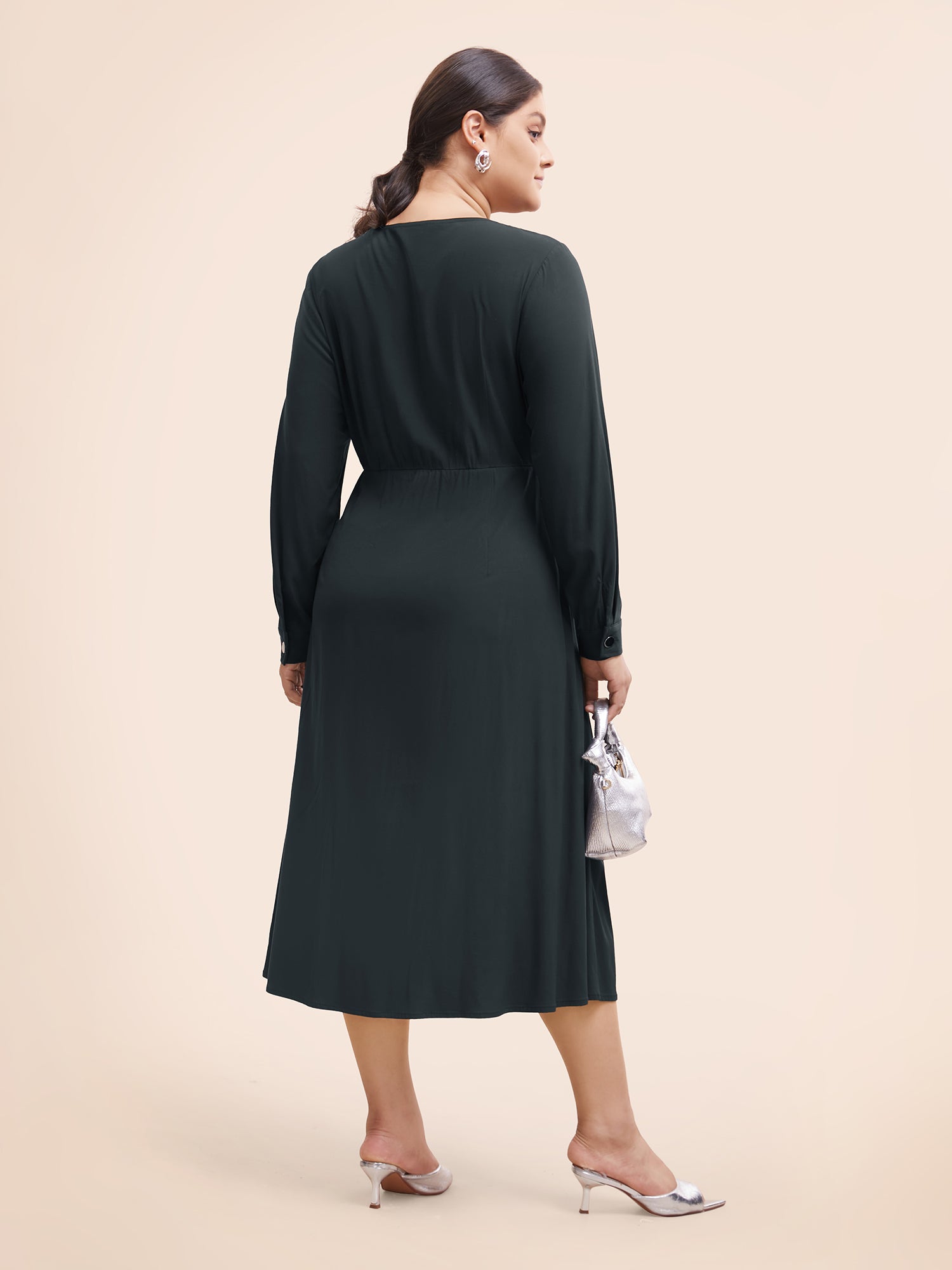 Stretch Woven Button Pleated Midi Dress