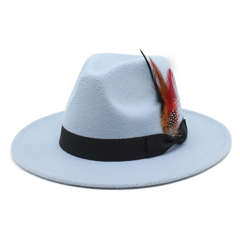 Bow Feather Top Hat Autumn And Winter Big Brim Hat Fashionable Men's And Women's Cashmere Felt Hat Style New Hats