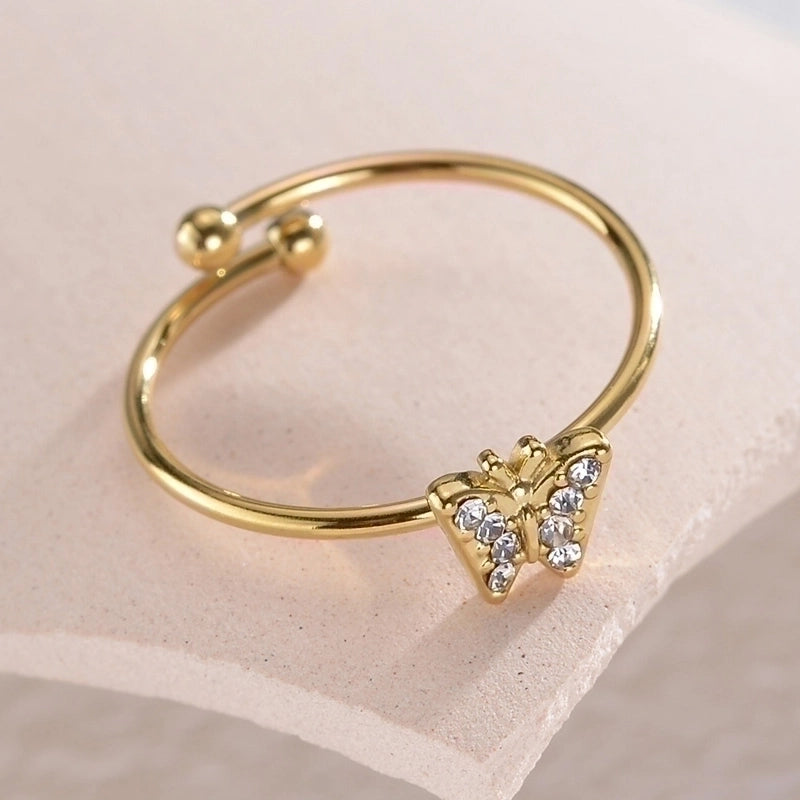 Minimalist Classic Style Butterfly Stainless Steel Plating Inlay Rhinestones 14k Gold Plated Open Rings