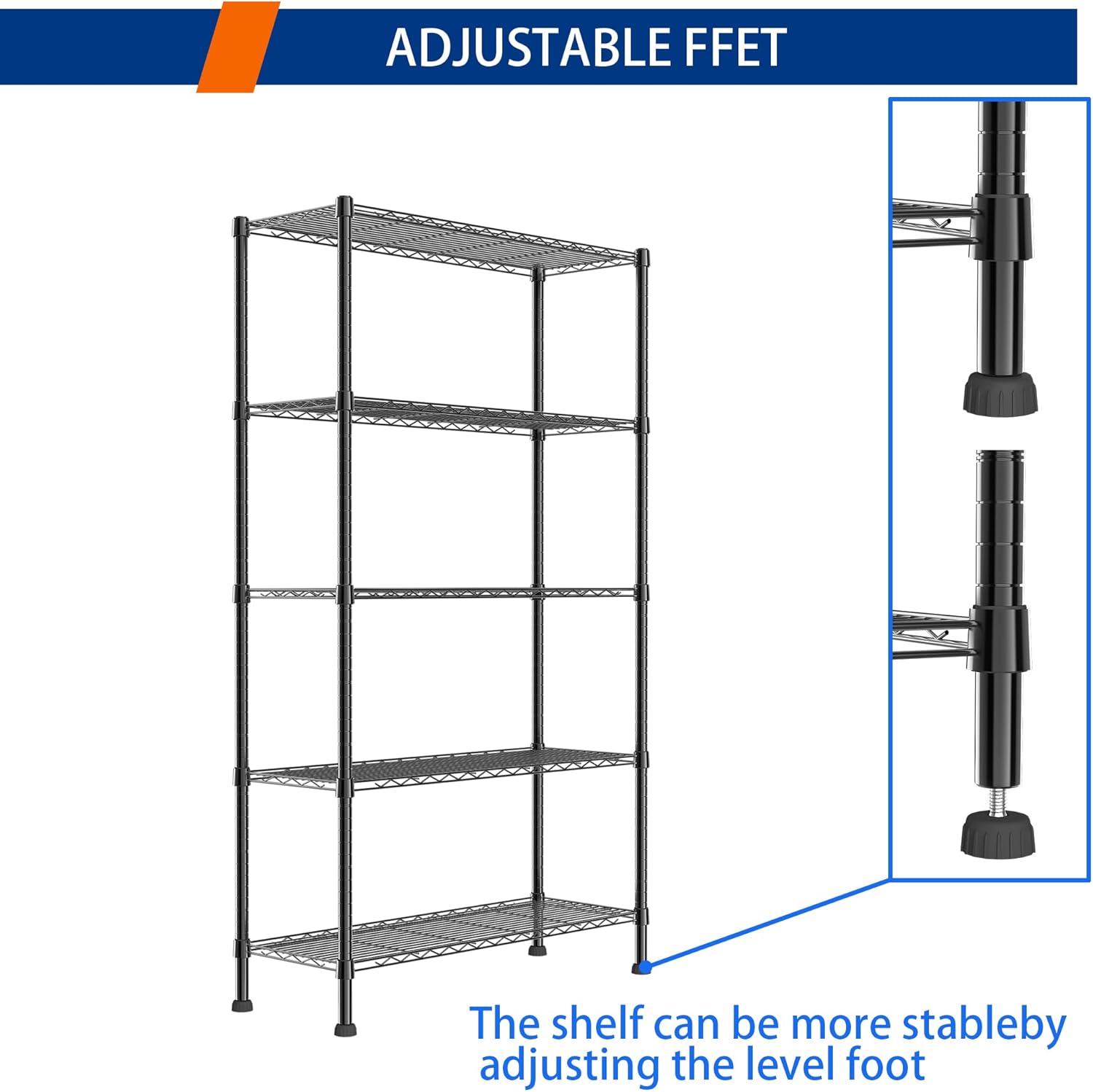 REGILLER 5-Wire Shelving Metal Storage Rack Adjustable Shelves,Standing Storage Shelf Units for Laundry Bathroom Kitchen Pantry Closet(Black,11.8