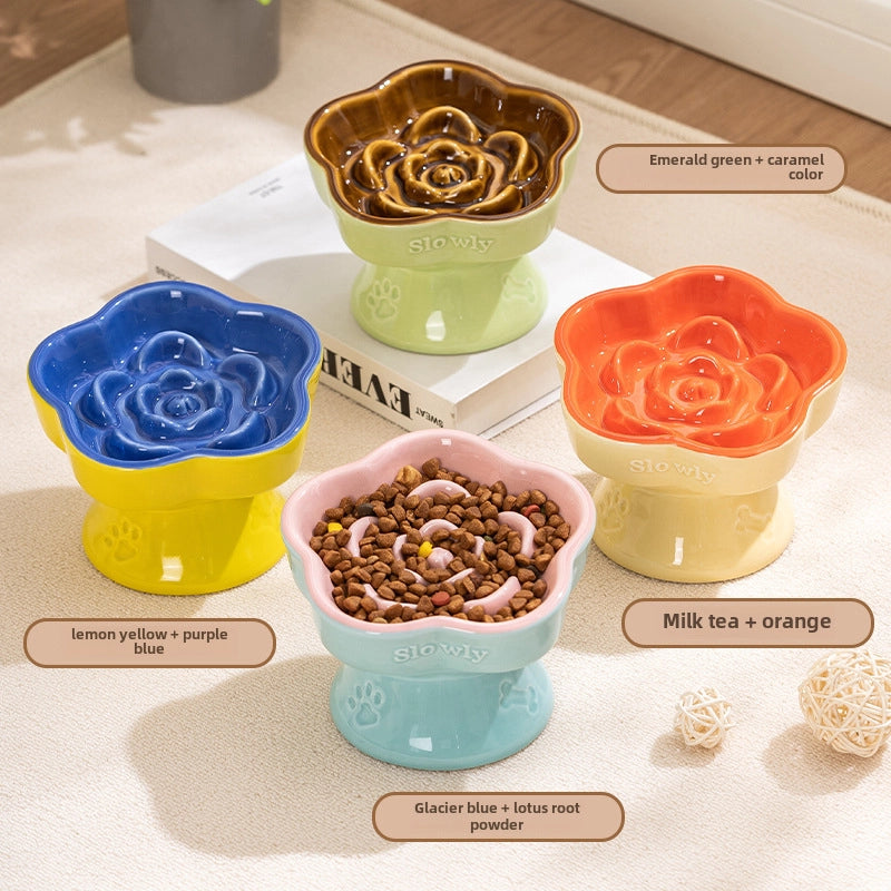 Pet Slow Food Bowl High Foot Ceramic Cat Bowl Dog Bowl Small Dog Cat Anti-choking Slow Food Anti-knock Neck Protection Slant Bowl