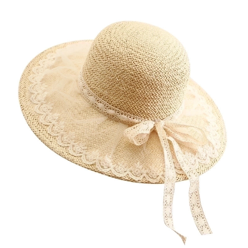 Simple Straw Hat Lace Bows Hat Female Sunshade French Ladies Top Hat