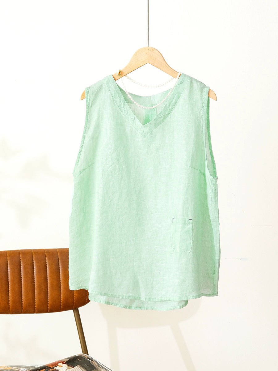 Women Summer Casual Pure Color 100%Linen V-Neck Vest