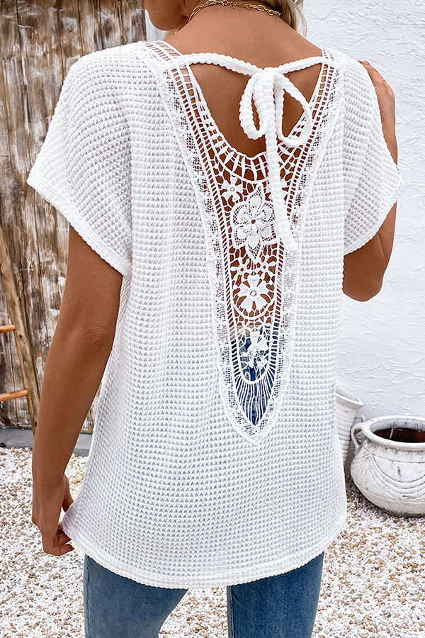 V Neck Solid Color Hollow Back Casual Tops