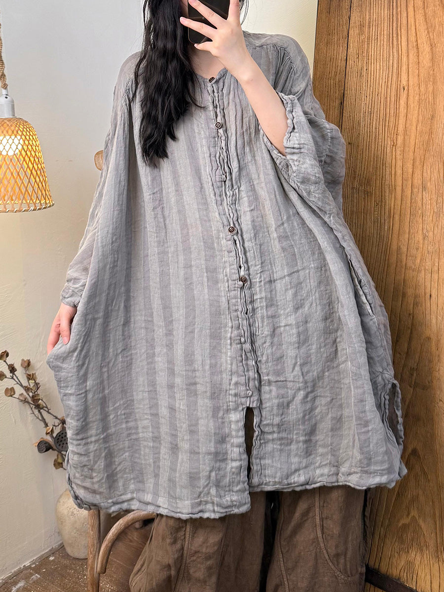 Women Summer Retro Stripe O-Neck Linen Shirt
